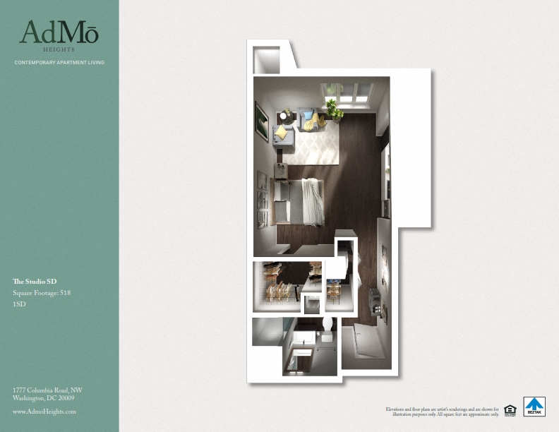 Floor plan for studio, 1 bath, 518 sqft